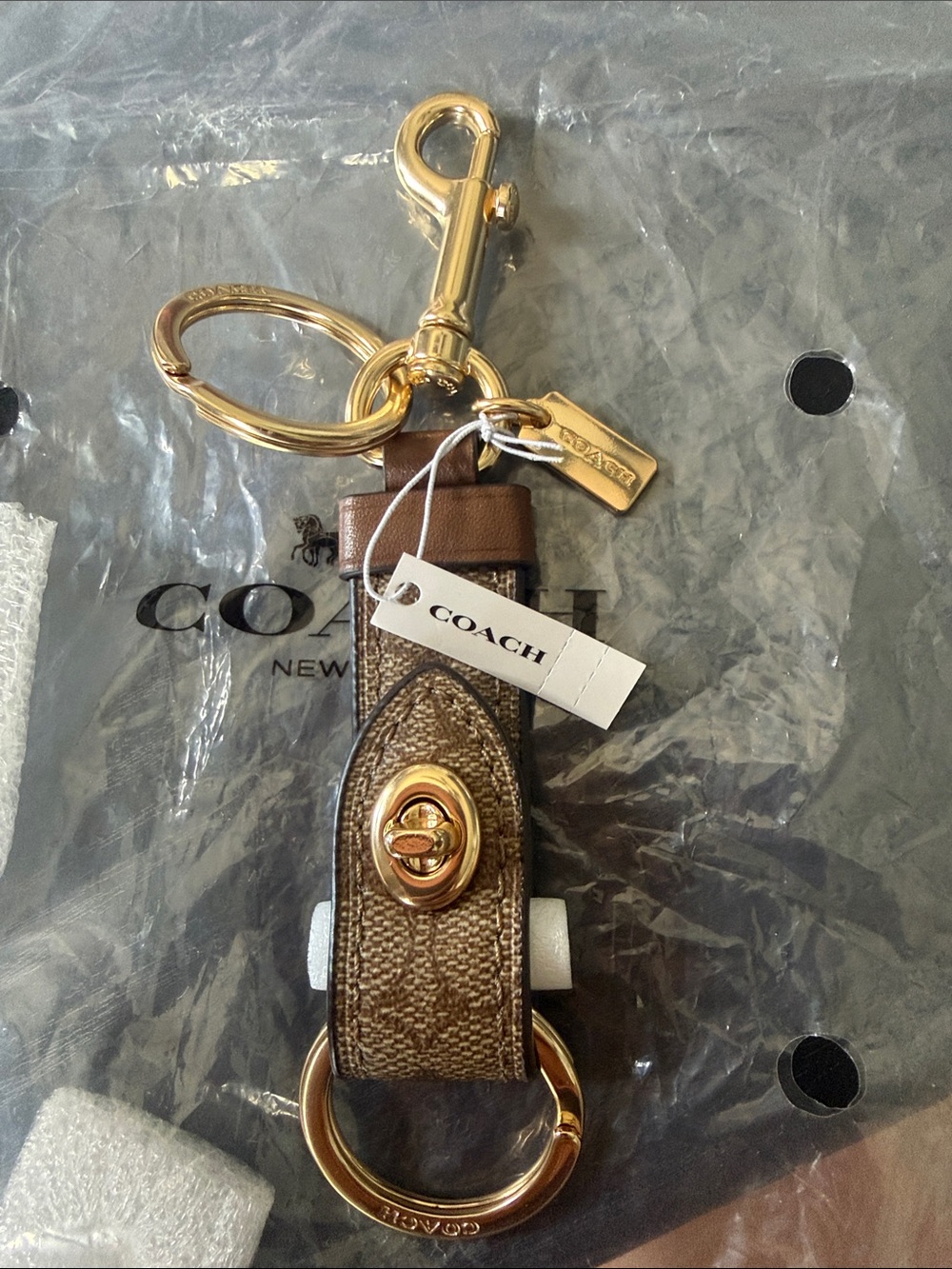 Coach Brown and Gold Signature Leather Key Fob unisex